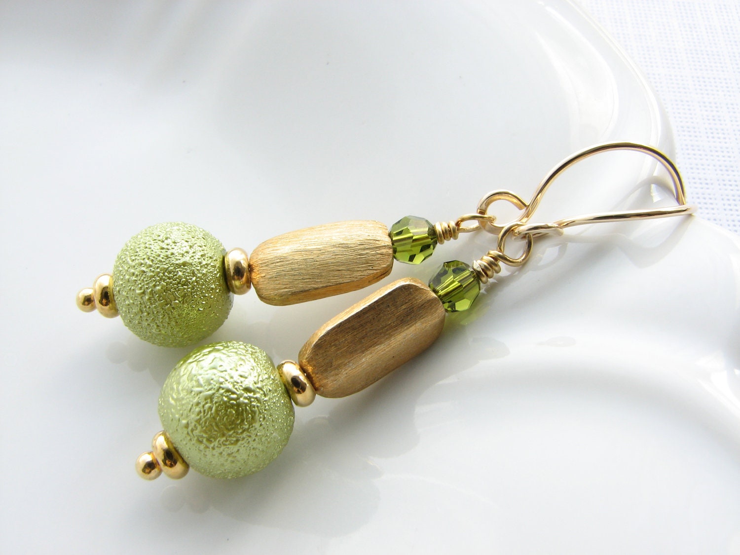 Green dangle earrings gold beaded earrings light green spring green apple green