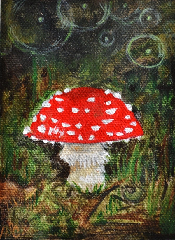 Original Acrylic Fly Agaric Mushroom Painting ACEO art card by Amanda Christine