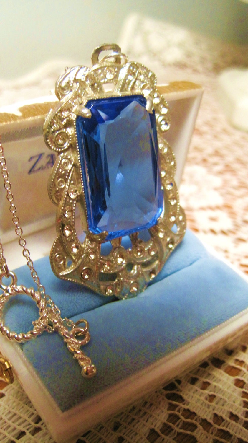 10% Off (cupon code marchmadness1)  Antique Large Pendant Sapphire Blue Glass Emerald Cut Stone Rodium Plated Rhinestoned Pot Metal