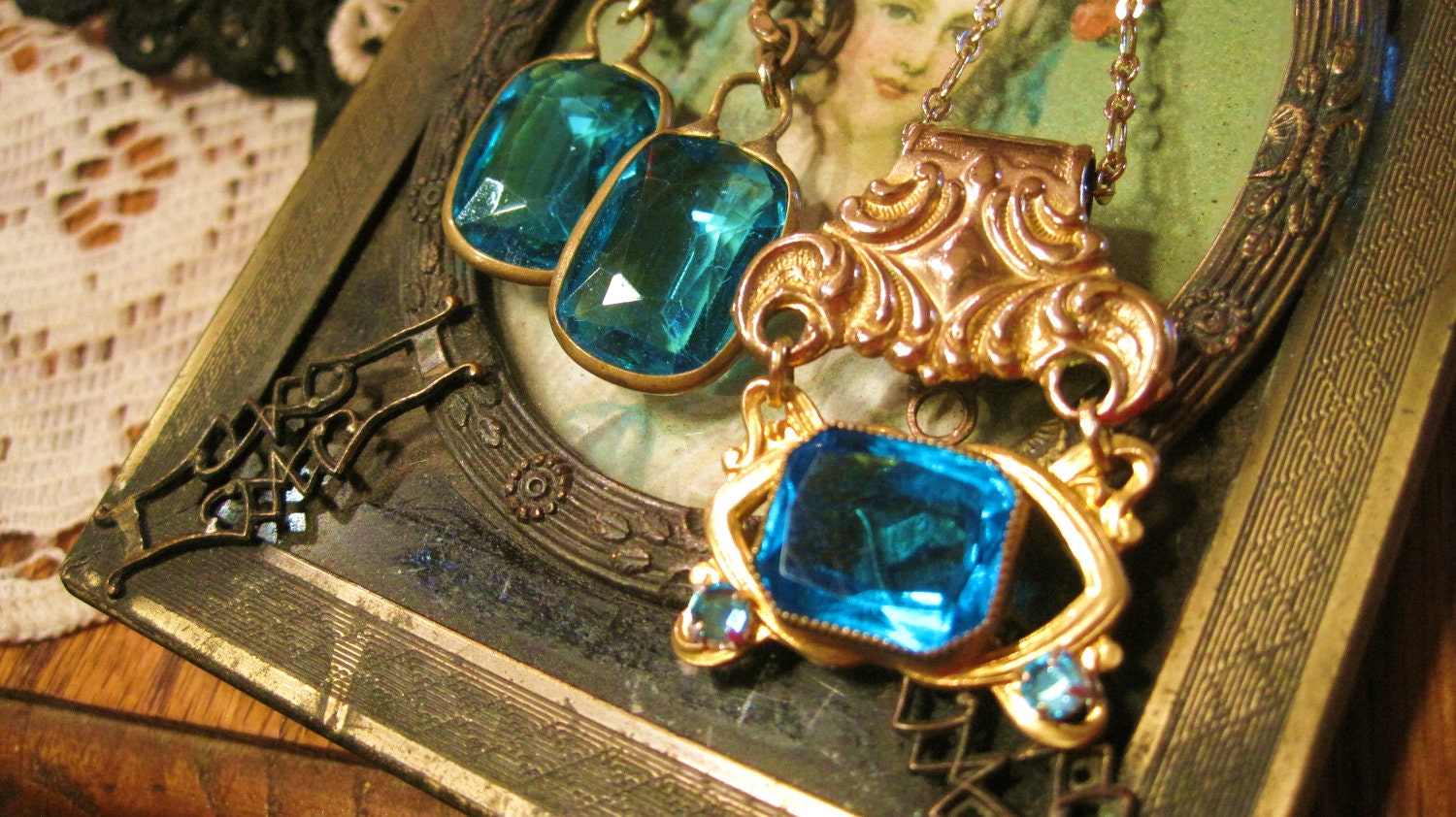 20% Off (cupon code APRILSHOWERS2) Antique Pendant Necklace Art Nouveau Goldfilled Watch Fob London with Blue Glass Stones