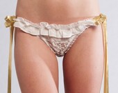 Lingerie SALE, ELCEE Ruffled Silk Side Tie Panties with gold ribbon Bows - white wedding panties