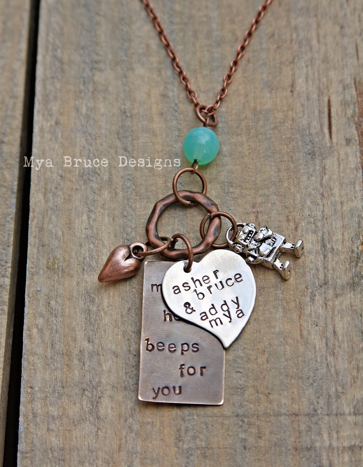my heart BEEPS for you - mixed metal design  with personalized heart with cute little Floyd the robot. pink or blue bead in the chain