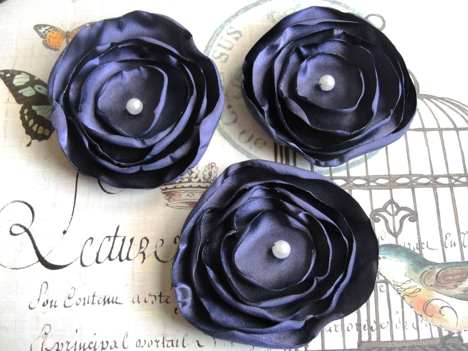 3 Eggplant Satin hair flowers for bridesmaids/bride/bridal party