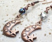 I Love You To the Moon and Back Earrings - antique copper moon / stars - faceted glass SALE