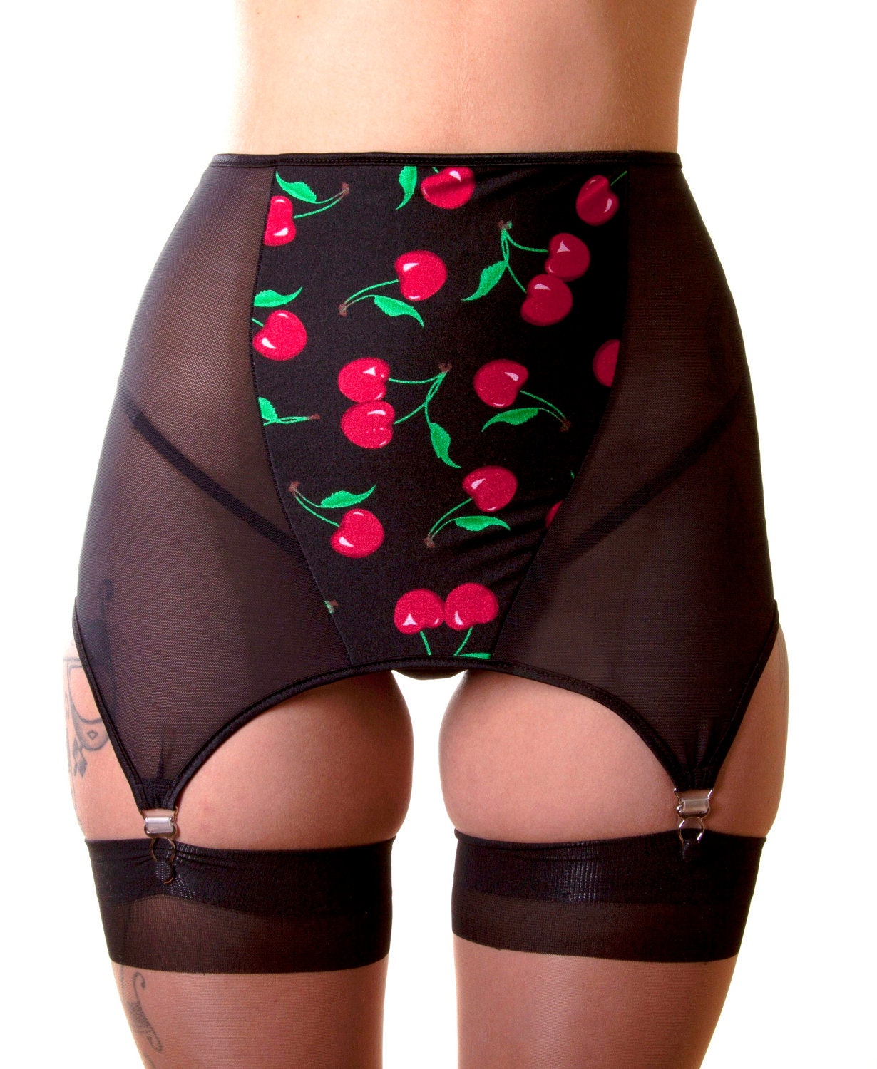 Powernet and Cherry Print 4 Clip Garter Belt.