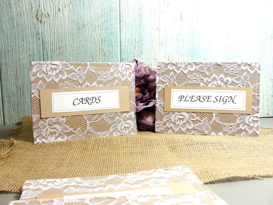 Wedding Reception Signs Table Cards Labels Rustic Elegant Sewn Kraft & Lace, Custom colors Set of 6