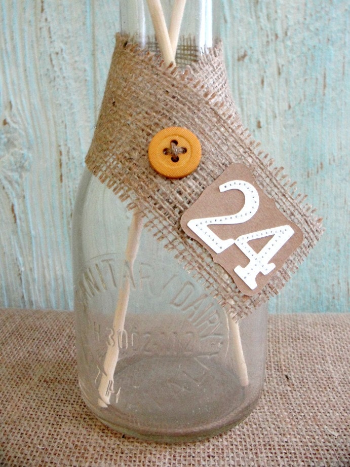 Wedding Table Number Rustic Bottle Scarf Tags, Burlap Kraft Country Western Woodland, Set of 12