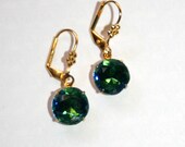 Vintage Cuba Blue Green 1940s crystal flower motif 18ct gold plated earrings