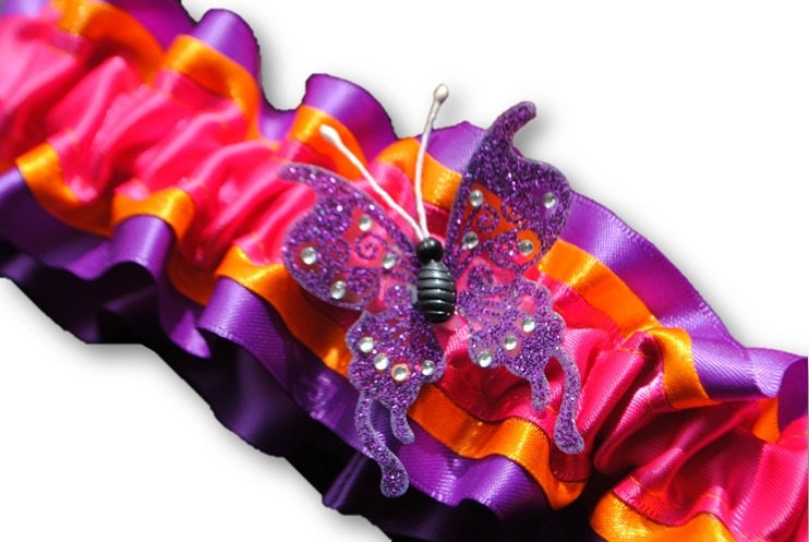 Wedding Garter set , beautiful purple, orange and hot pink Butterfly garter set