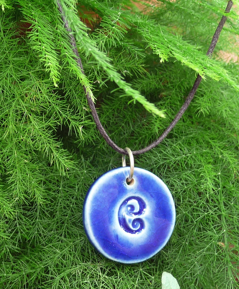 Letter Pendant & Cord Necklace - Kiln-Fired Stoneware Clay - "e" - Royal Blue