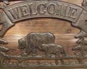 Rustic Cast Iron Bear  Welcome Sign  -- lodge cabin decor -- reclaimed western cedar