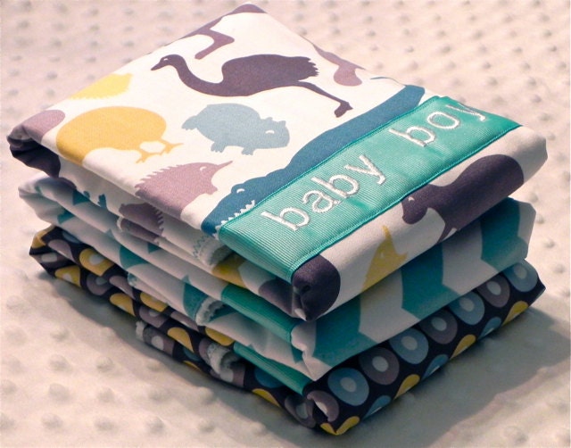 Personalized Burp Cloths - Baby Boy Aqua Yellow and Gray Animals, Chevron and Polka Dots