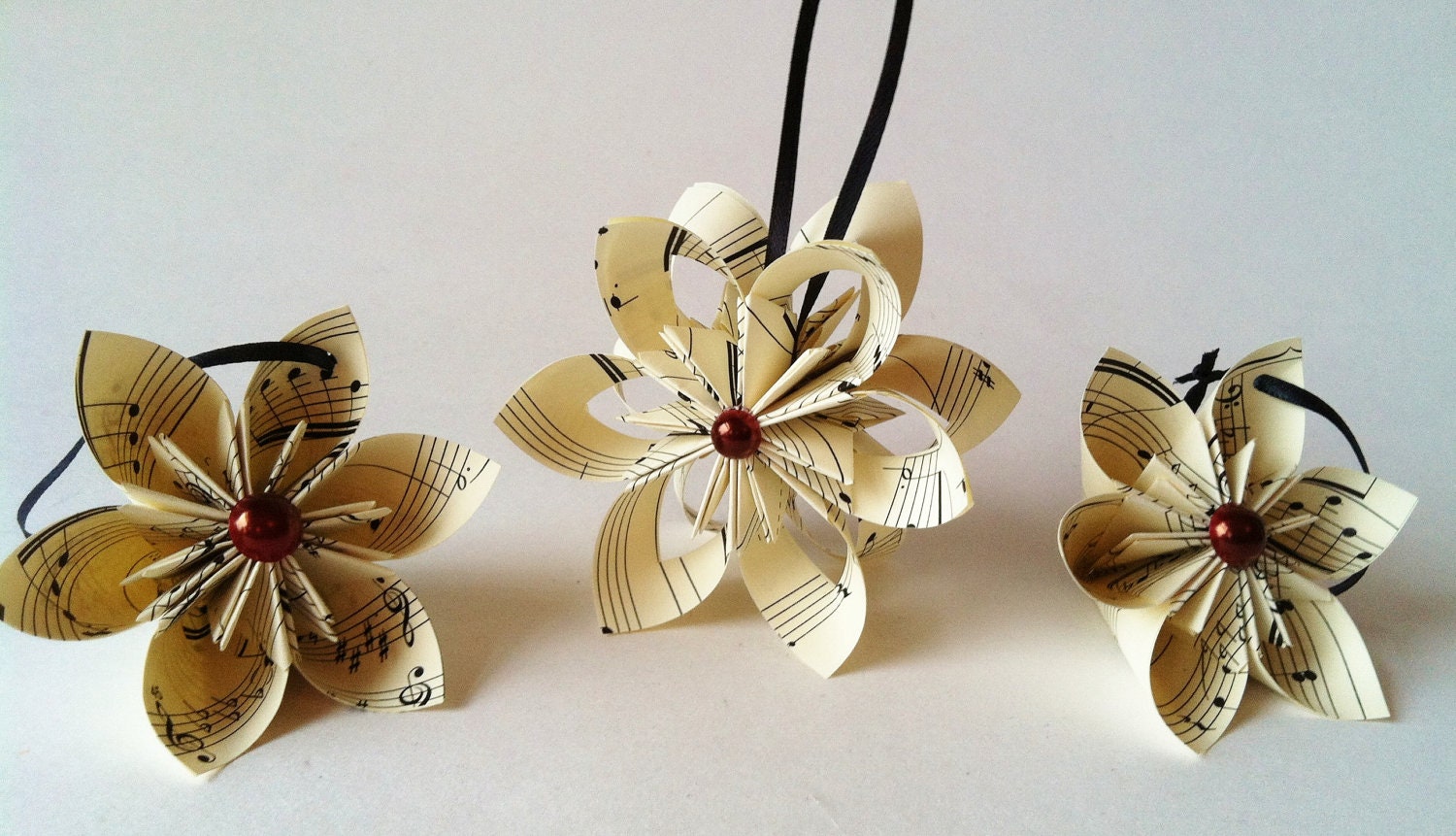 Sheet Music Ornaments- set of 3, falling star, paper flowers, wedding decor, one of a kind origami, gift, christmas ornament