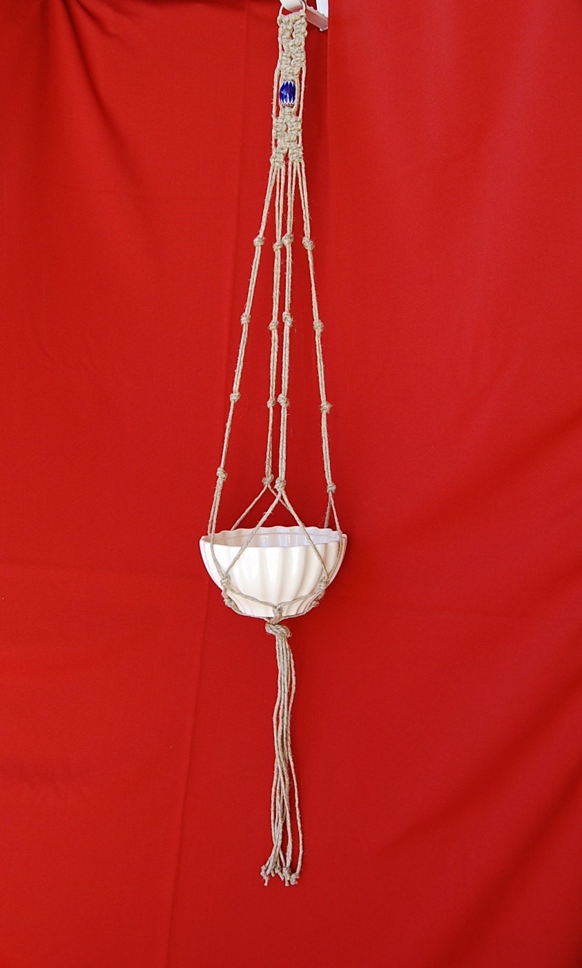 Hemp Macrame Plant Hanger 50 inches long with Blue Chevron Bead - Handmade by FunkyJunky