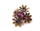 Vintage Rhinestone Flower Brooch, Signed Made in Austria, Austrian Crystals, Gold Tone and Purple, Antique Costume Jewelry Pin