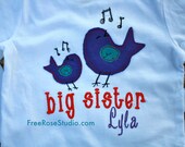 Bird Big Sister Brother Embroidered Applique Shirt  modern