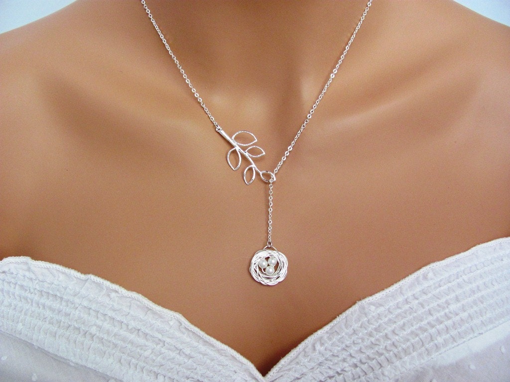 Personalized Silver Bird Nest Branch Lariat Necklace- Valentine, anniversary, mom, baby shower, custom gifts, available in gold.