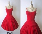 50's Cocktail Dress // Vintage 1950's Red Velvet Rhinestone Cocktail Party Holiday Dress XS
