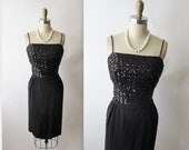 50's Sequin Dress // Vintage 1960's Black Sequin Cocktail Party Holiday Wiggle Dress S M