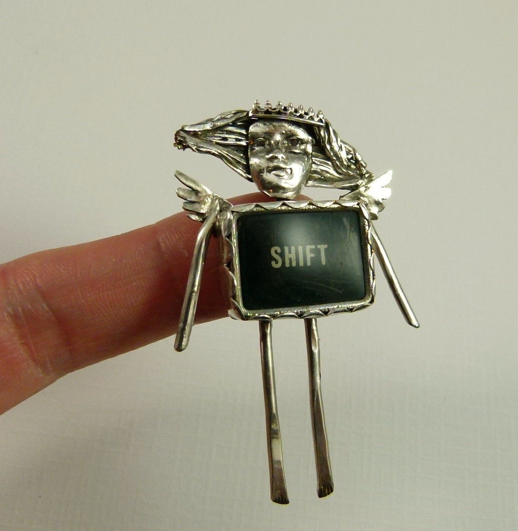 Angel Sierra Shifts Her Way Of Thinking - Repurposed Sterling, A Typewriter Key, And PMC - Art Jewelry Pendant - 849