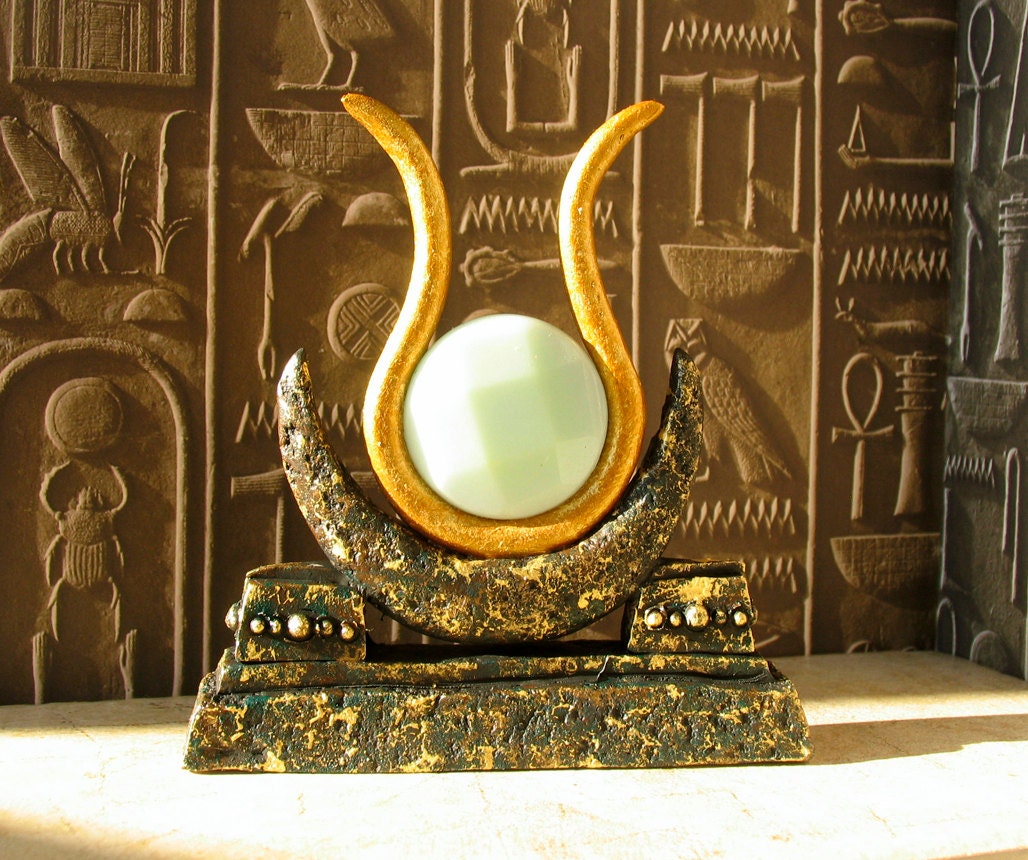 The Goddess Isis - Horns and Solar Disc Altar Votive Statue with 40mm Blue Amazonite Disc - Handmade Egyptian Goddess Icon