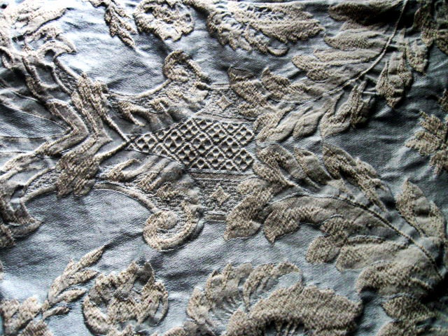 Antique Brocade Matelasse Fabric from France Blue White Ornate Upholstery