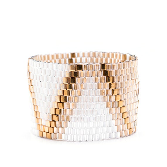 White & Gold Geometric Patterned XL Bangle Bracelet - Hypoallergenic - Made to Order