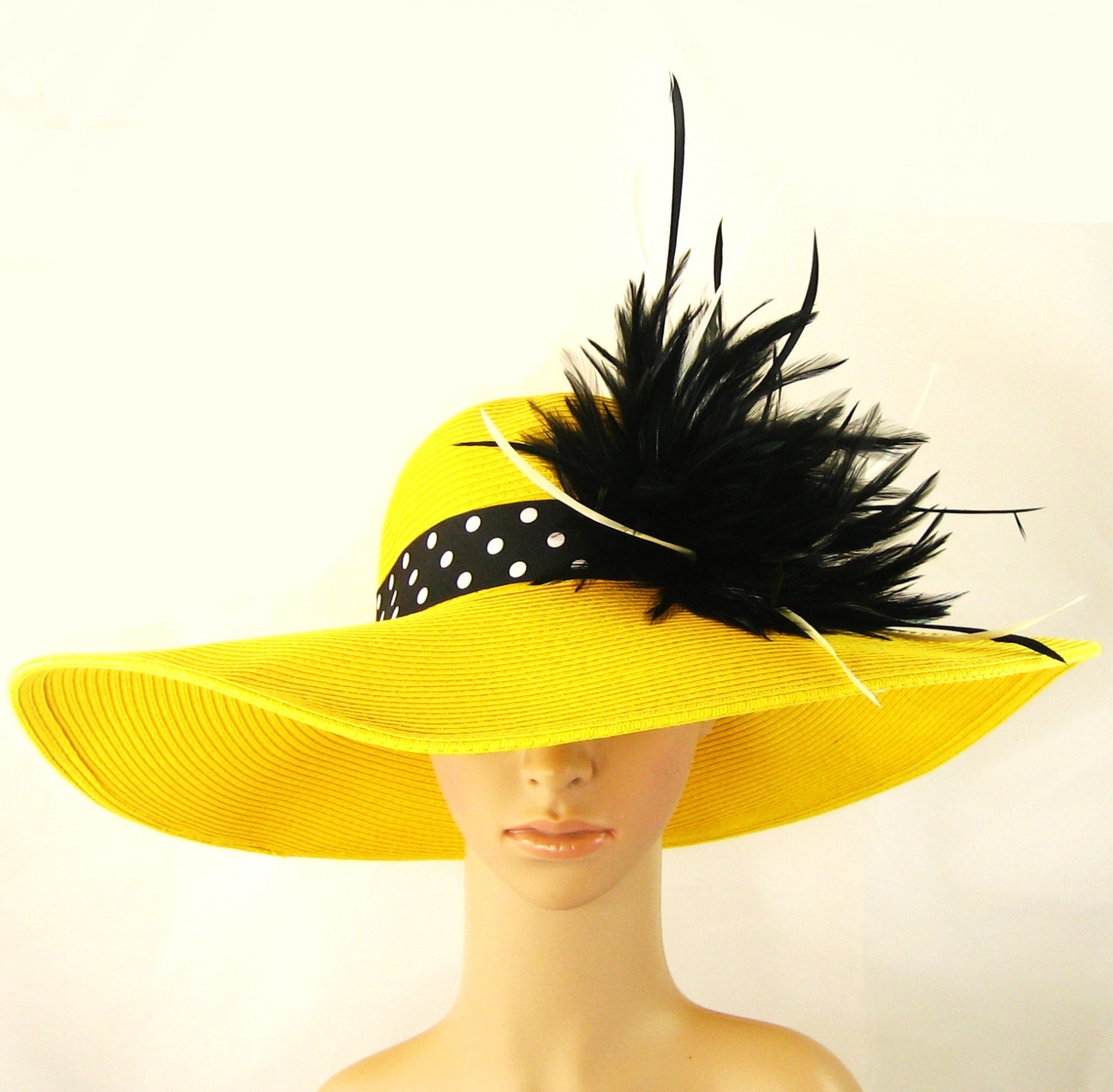 Derby Hat Tea Party Hat Wedding Hat Dress Hat Yellow Hat with Feathers Church Derby Hat Kentucky Derby Hat  Wide Brim Hat Horse Race Ascot