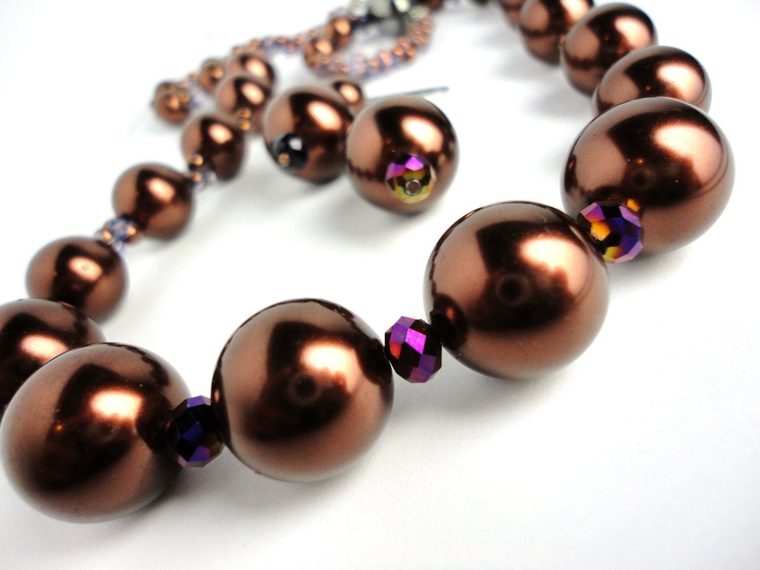 Extravagant Dramatic Copper Pearl Necklace and Earrings Set