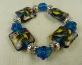 Flower Lampwork Bracelet Yellow Blue Stretch