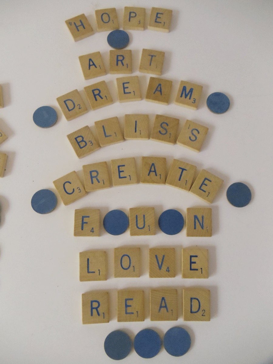 Vintage Blue Letter Scrabble Tiles - Collage, Scrapbooking, Mixed Media, Altered Art Supplies - RARE 1960s