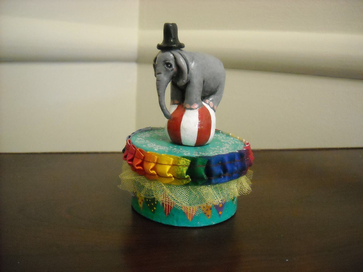 One Mini Baby Elephant on Ball, Cupcake Topper, keepsake .