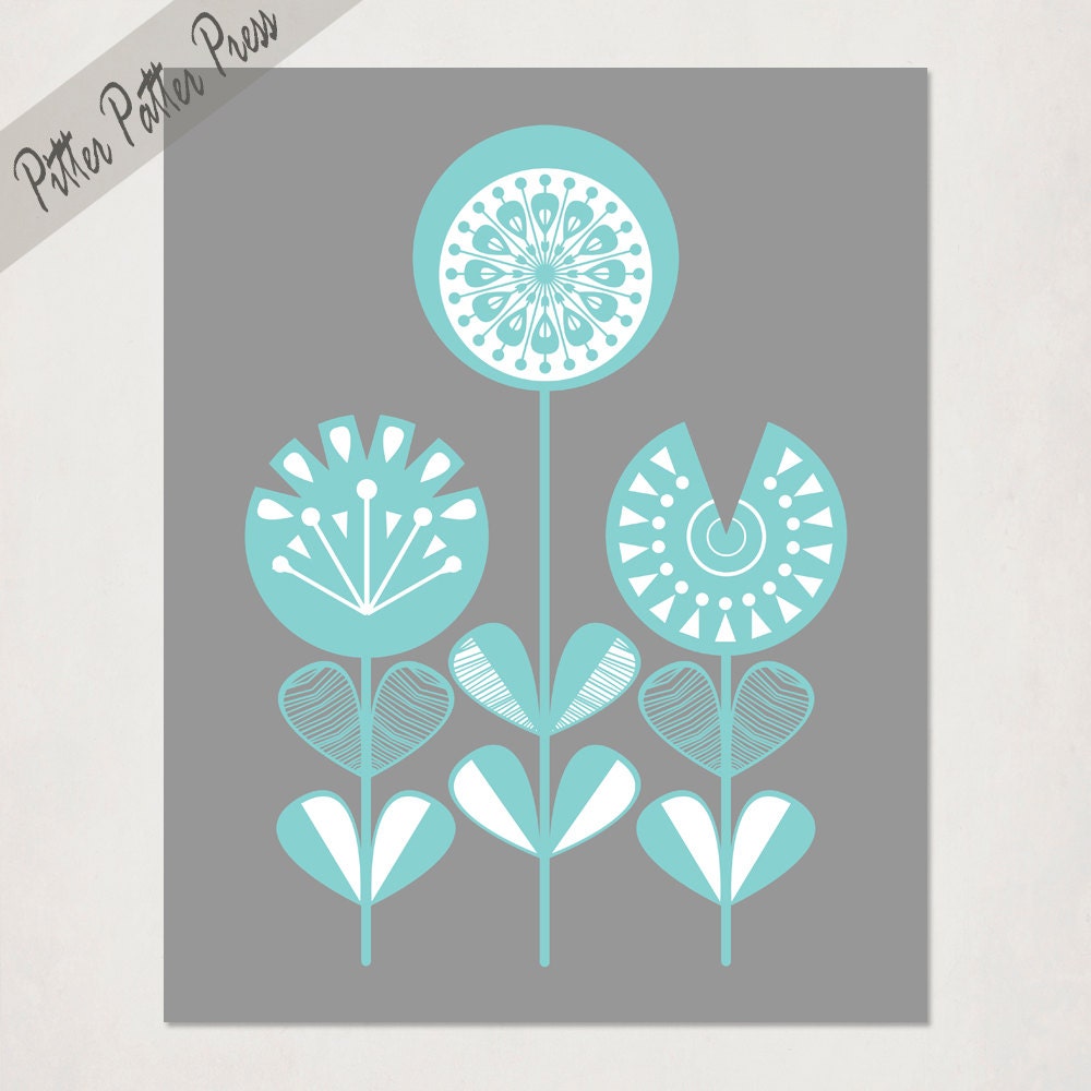 Modern Nursery Flowers,  Mid-Century Scandinavian Inspire Floral Design, Mod Baby Girl's digital drawing, teal and grey, size 8x10