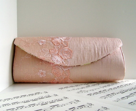 Pale pink peach silk clutch bag with lace overlay by toriska
