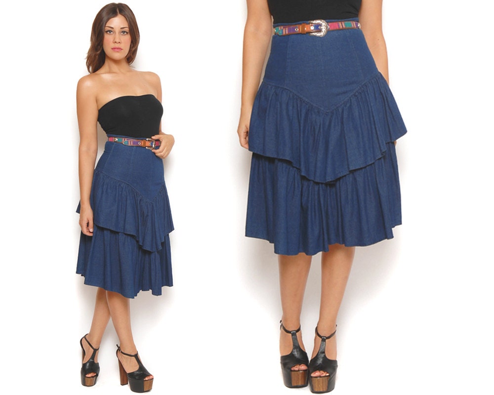 80s Denim Skirt Dark Blue Tiered Ruffle High Waisted Midi Cotton Jean Skirt / Boho Western / Size XS Extra Small