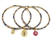 Bangle Bracelet Set with  Evil Eye, Tree of Life, and Peace Sign, yoga jewelry, boho chic jewelry