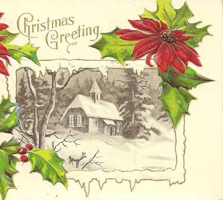 Red Poinsettias black and white image of snow covered cottage and deer on Vintage Christmas Postcard