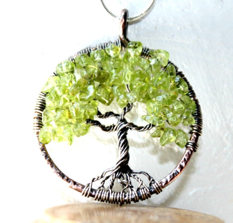 Peridot Tree Of Life Necklace, August Birthstone, Three Gemstones Family Tree,Copper and Sterling Silver Tree Of Life Pendant