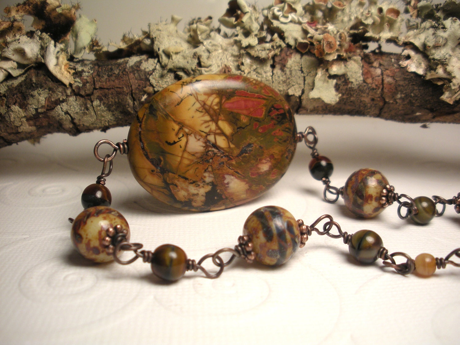 Jasper Pendant and Japanese Vintage Picasso Czech Beaded Necklace Fall Colors