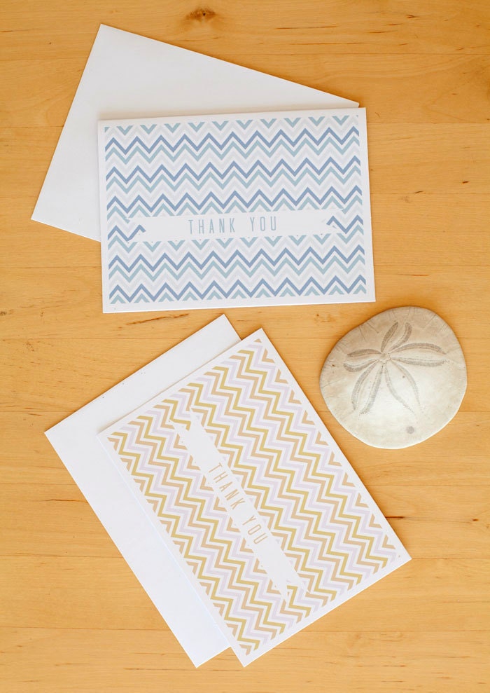 SET OF 4 // Chevron Thank You Cards // navy & ochre