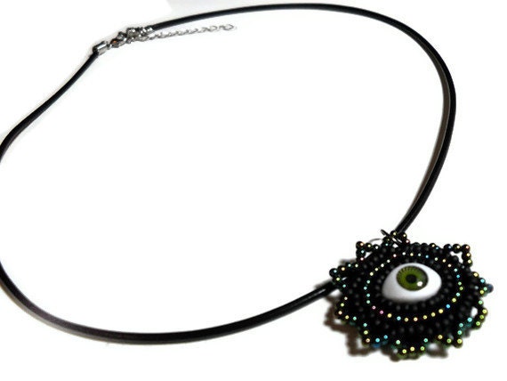 Evil Eye Black and Green Pendant Necklace on a Black Cord with Green and Black Beads