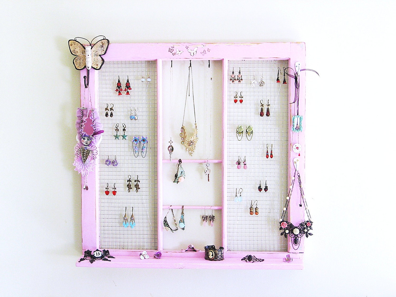 Upcycled Window Frame, Pink Window Jewelry Holder, Jewelry Storage, Wall Hanging Jewelry Organizer, Jewelry Display, Upcycled Decor