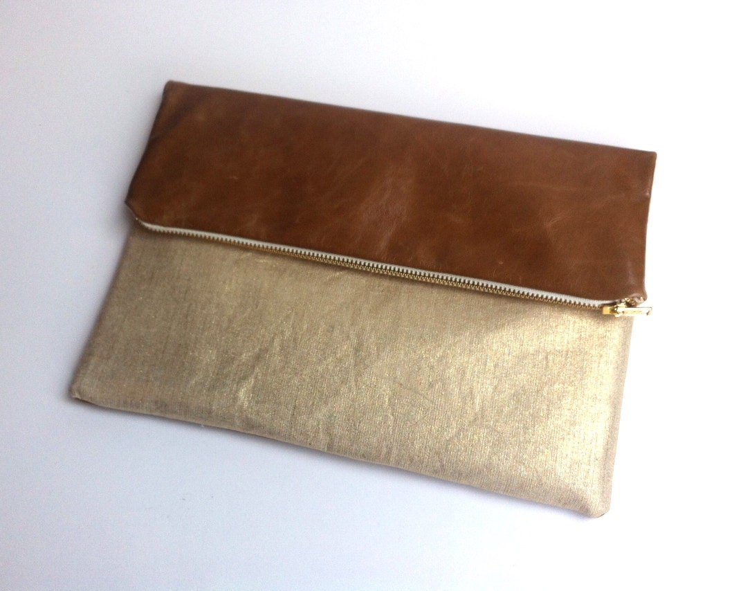 1 bag, 6 ways to style. Tan leather and metallic gold clutch bag, large