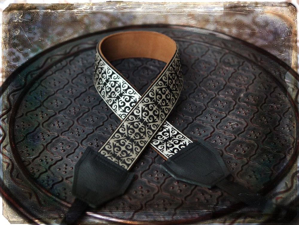 Black and Cream Damask Leather and Suede Camera Strap