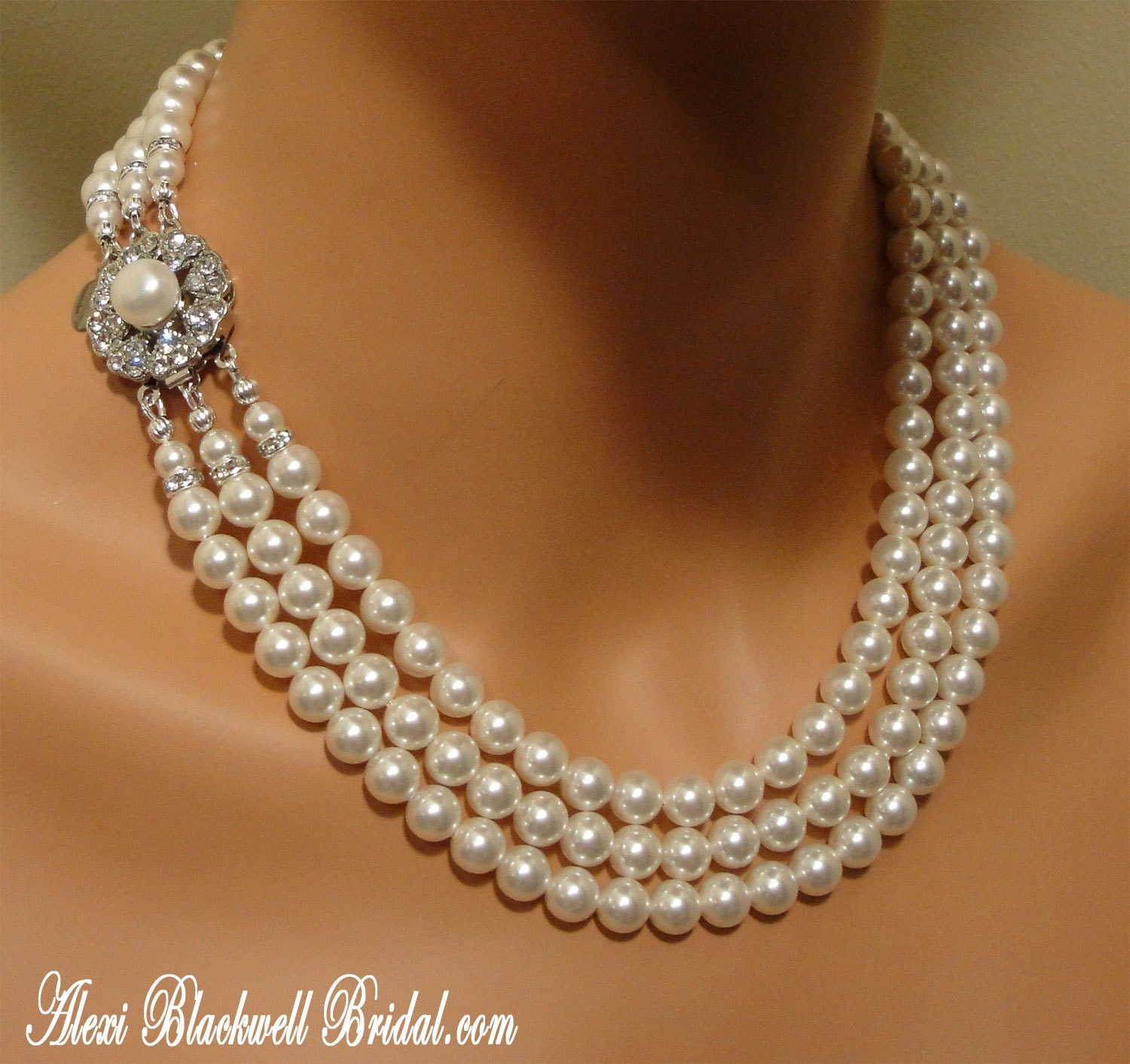 Complete Bridal Set Swarovski Pearl Necklace Bracelet Earrings vintage Jackie O style 3 Strands pearls in white or ivory
