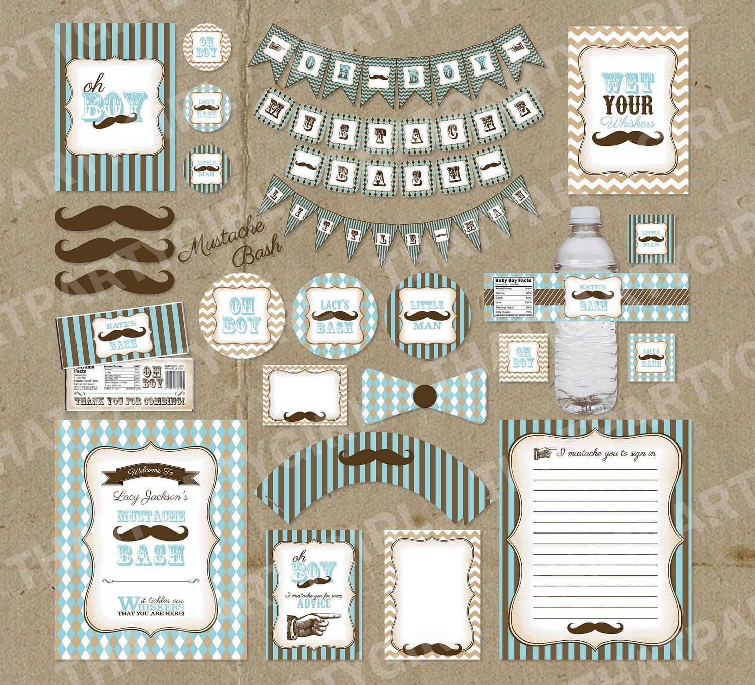 Vintage Inspired Mustache Bash Little Man Party Package - Decorations Favors - DIY digital file U Print