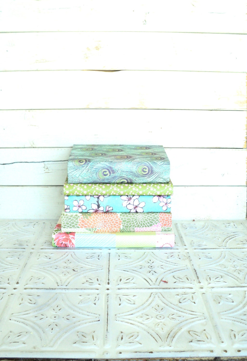 Vintage Books for your Wedding or shelf , Decorative Paper Covered Books Aqua, Coral, Pink, Green CUSTOMIZE Peacock Outdoor Floral