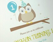 Owl Birthday Party Invitation, First Birthday Party Invitation, Blue and Green