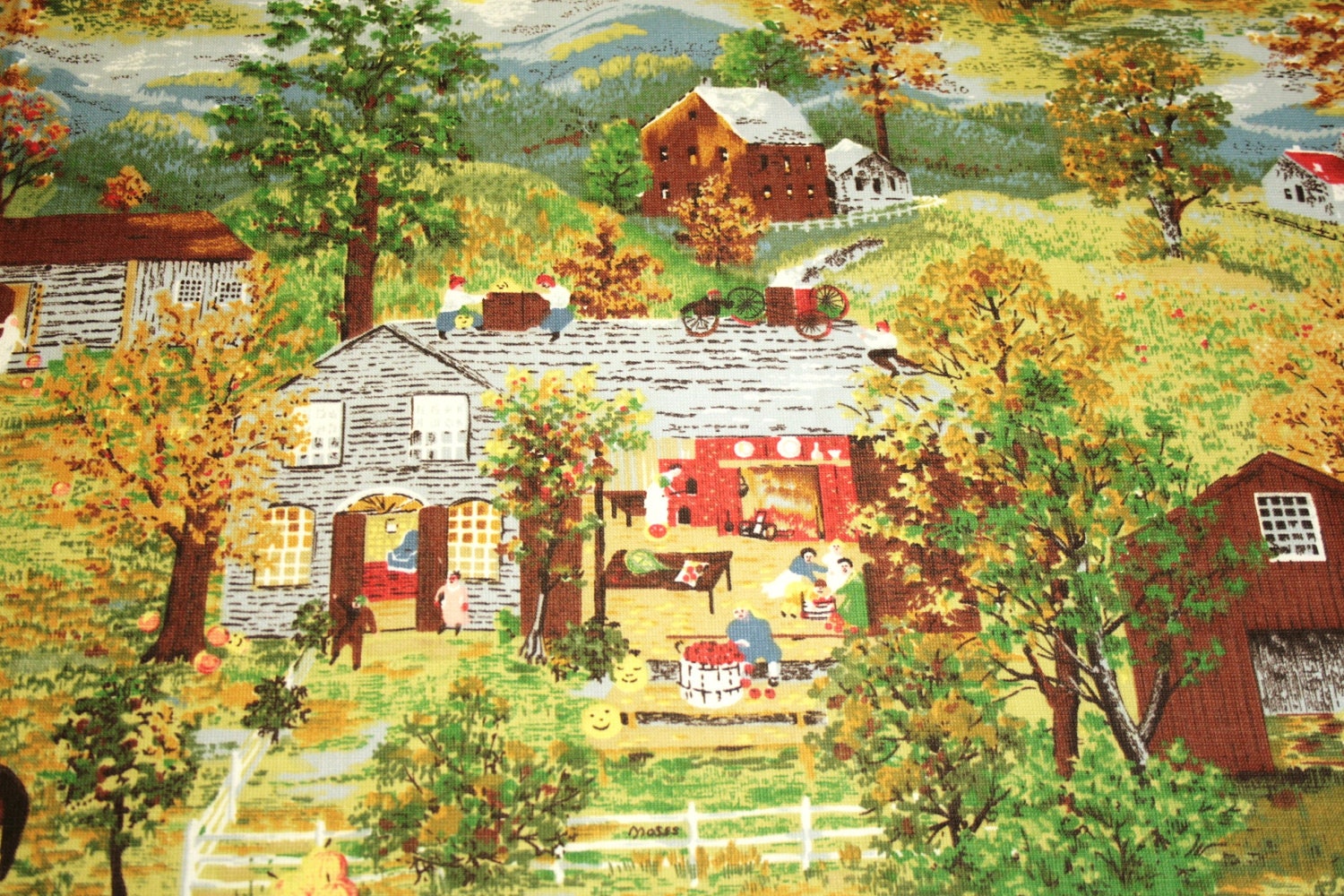 Unused Mint Rare Grandma Moses "Halloween" Vintage Barkcloth - 49 x 16 Inches, Two Full Repeats