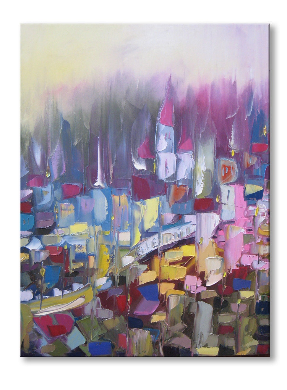 Festive night  -  FREE SHIPPING - Original Oil Painting Palette Knife - by SOLOMOON - art ready to hang impasto painted sides